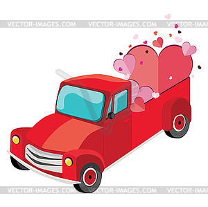 Red pickup with hearts - vector image