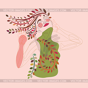 Woman smiles closed eyes and floral colorful line - vector clip art