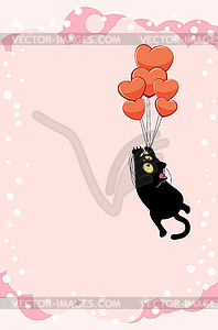 Black cat and heart balloons - vector clipart