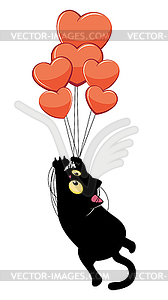 Black cat and heart balloons - vector clip art