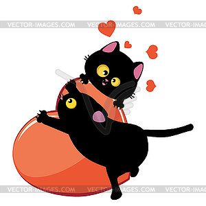 Black cat couple and red heart - vector image