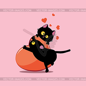 Black cat couple and red heart - vector clip art