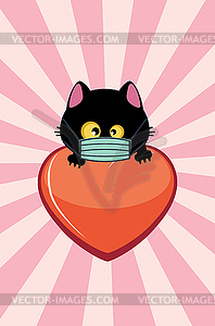 Black cat head in mask and heart - vector clipart