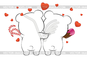 Пара белых медведей с сердечками - векторное изображение EPS
