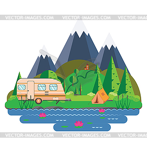 Green hills near mountains and camp tent flat - vector EPS clipart