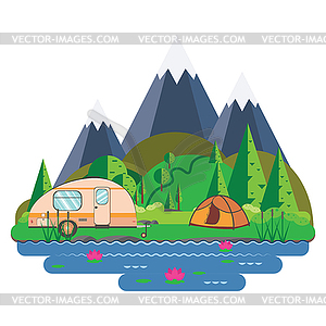 Зеленые холмы возле гор и палаточный лагерь - векторная иллюстрация