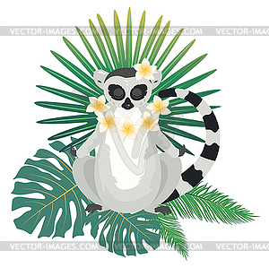 Lemur with tropical plants - vector image