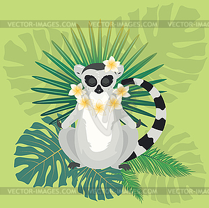 Lemur with tropical plants - stock vector clipart
