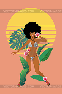 Afro Girl in leopard bikini with tropic plants - vector image