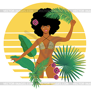 Afro Girl in leopard bikini with tropic plants - vector image