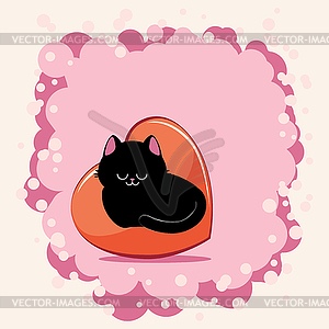 Black cat sleep on heart - vector image