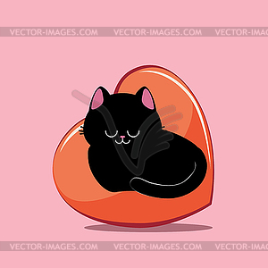 Black cat sleep on heart - vector image