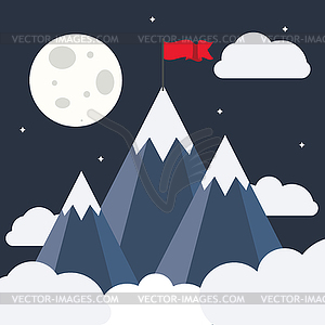 Mountains with red flag - vector clipart