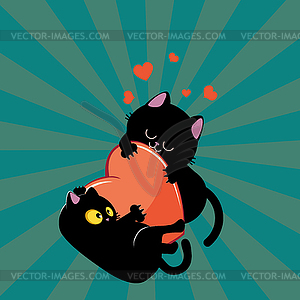 Black cat couple play with heart - vector clip art