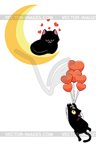 Black cat flying on balloons to cat on moon - vector image