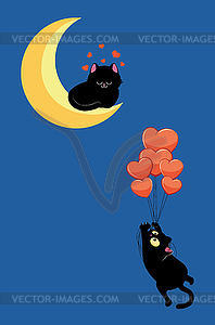 Black cat flying on balloons to cat on moon - stock vector clipart