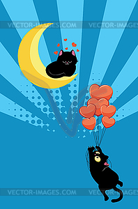 Black cat flying on balloons to cat on moon - vector clipart