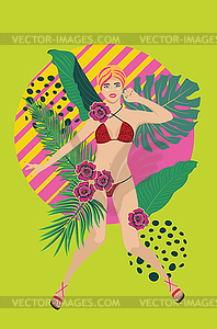 Blond girl in leopard bikini with tropic plants - vector clip art