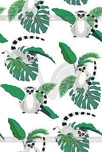 Lemur and tropic leaves pattern - vector image
