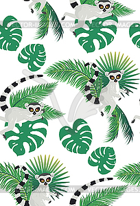 Lemur and tropic leaves pattern - vector clipart