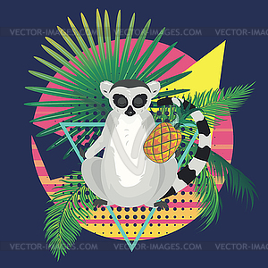 Lemur with tropical leaves and fruits - vector clip art