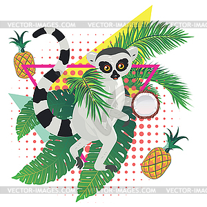 Lemur with tropical leaves and fruits - vector clipart