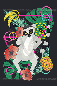 Lemur with tropical leaves and fruits - color vector clipart