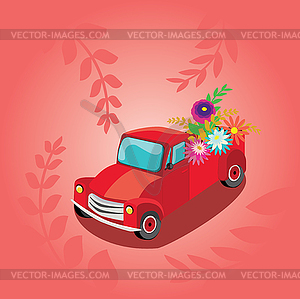 Red pickup with flowers card - vector clip art