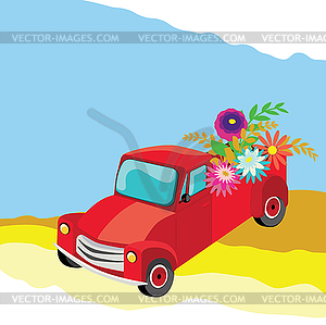 Red pickup with flowers card - vector image