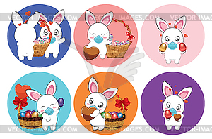 White Bunny in mask set with Easter eggs - vector clipart