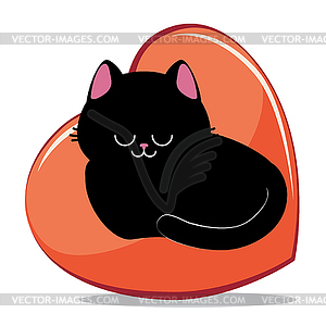 Black cat sleep on heart - vector clip art