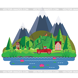 Зеленые холмы рядом с горами и домами плоскими - стоковое векторное изображение