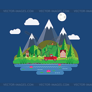 Green hills near mountains and houses flat - vector clipart