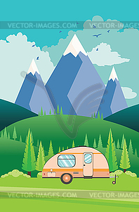 Mountains green hills and camping trailer - vector clip art