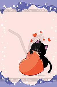 Black cat bite red heart - vector clip art