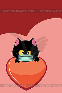 Black cat head in mask and heart - vector EPS clipart