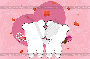 Пара белых медведей с карточкой в виде сердец - векторизованный клипарт