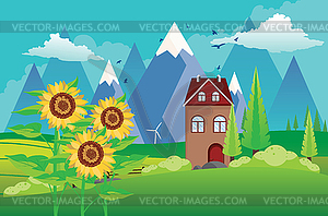 Landscape with sunflowers - vector image