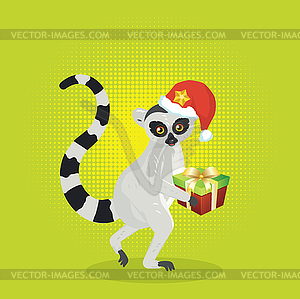 Lemur in Christmas hat card - vector image