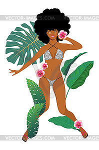 Afro Girl in leopard bikini with tropic plants - vector EPS clipart