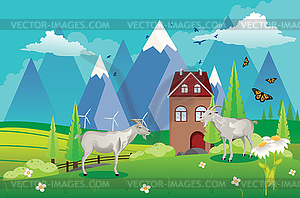 Goats on mountain hills - vector clipart / vector image