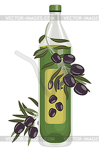 Olive oil bottle and branch - color vector clipart