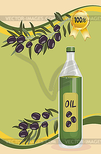 Olive oil bottle and branch - vector image