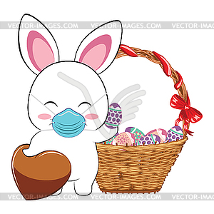 White Bunny in mask with Easter eggs - vector image