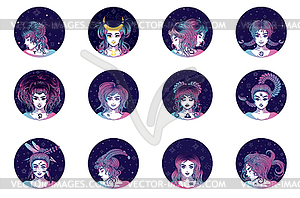 Zodiac girls in neon pink and blue set - vector clip art