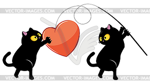 Black cat couple catch heart - vector image