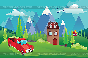 Mountains green hills and red pickup - vector image