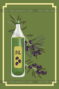 Olive oil bottle and branch - vector image