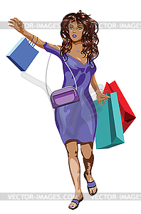 Brunette in violet dress shopper - vector image