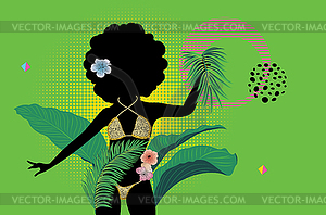 Girl in leopard bikini silhouette with tropic plants - vector image